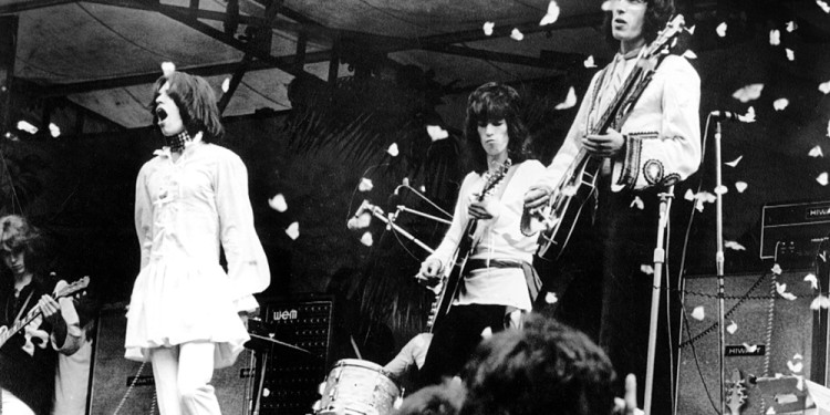 The Stones in the Park. 1969. Great Britain. Directed by Leslie Woodhead. Pictured: Mick Taylor, Mick Jagger, Keith Richards, Bill Wyman. Courtesy Photofest.