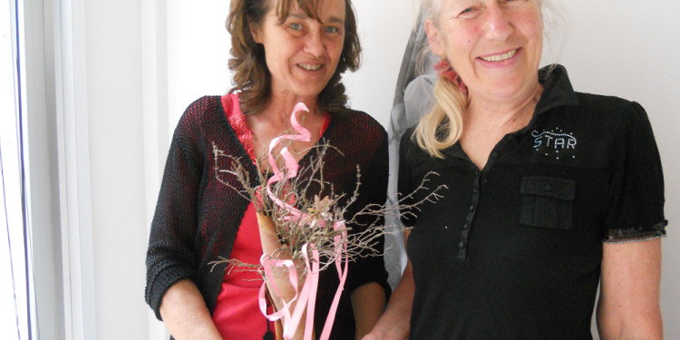 onda bianca homage to Jill Rock art, eucalyptus bark, thyme twigs, pink ribbon, cupper tube may 20, 2013